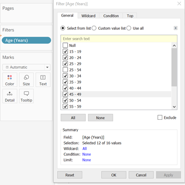 Figure 6: Filtering out the 12 age groups