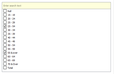 Figure 9: Filtering of age groups for ages 25 to 54 and 55 & over