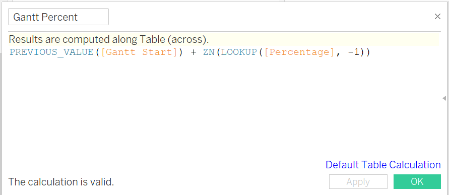 Figure 16: Creating a calculated field for Gantt Percent