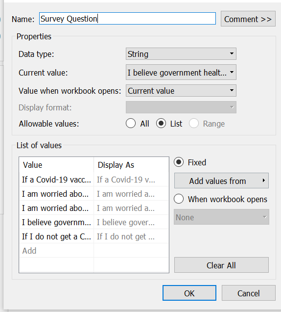 Figure 8: Creating a parameter for Survey Question