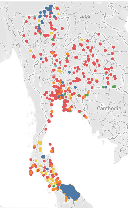 Figure 13: Map of Thailand showing a high concentration of Battles in the Southern provinces